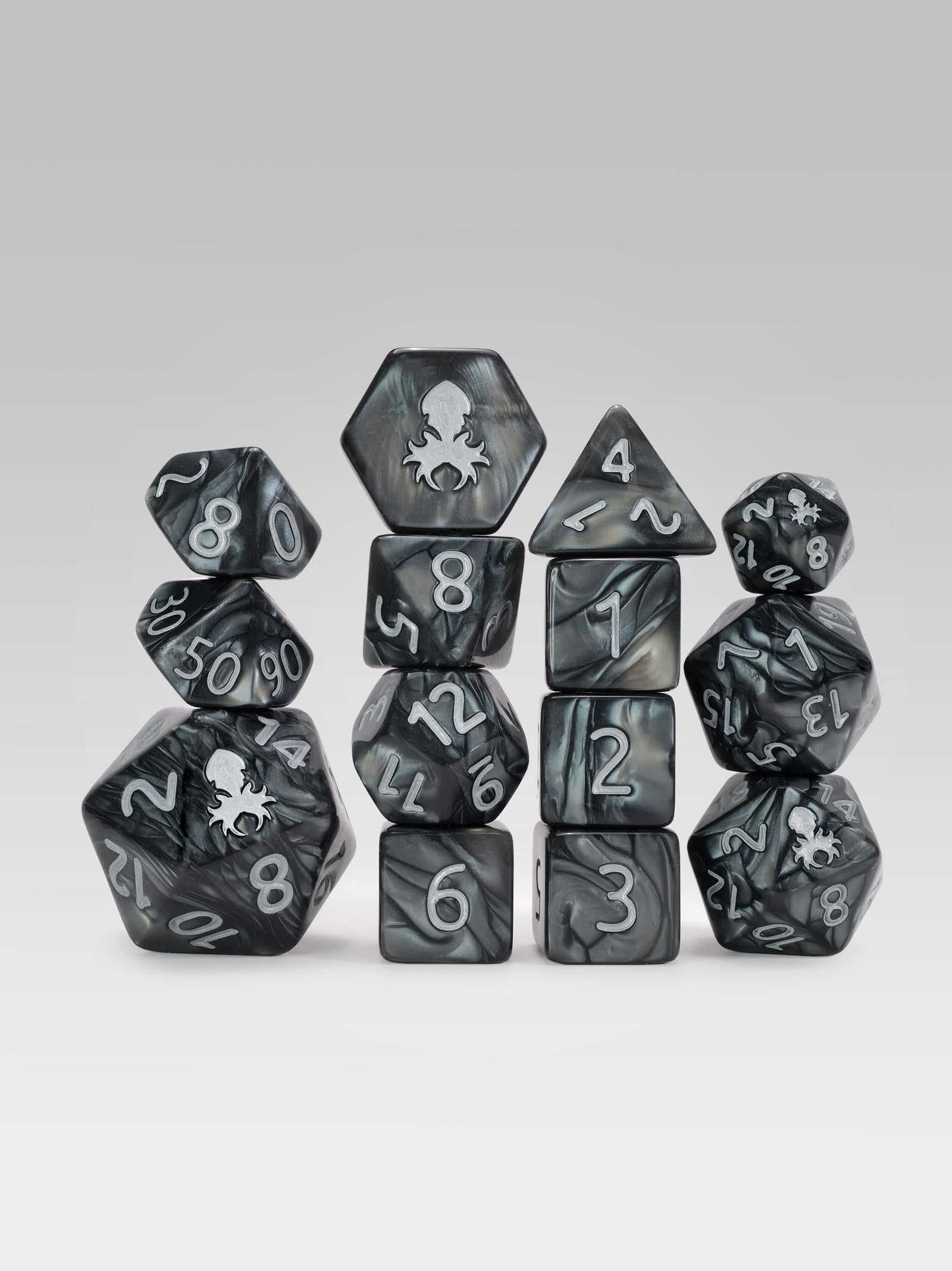 Kraken's Signature Black 14pc Dice Set inked in Silver